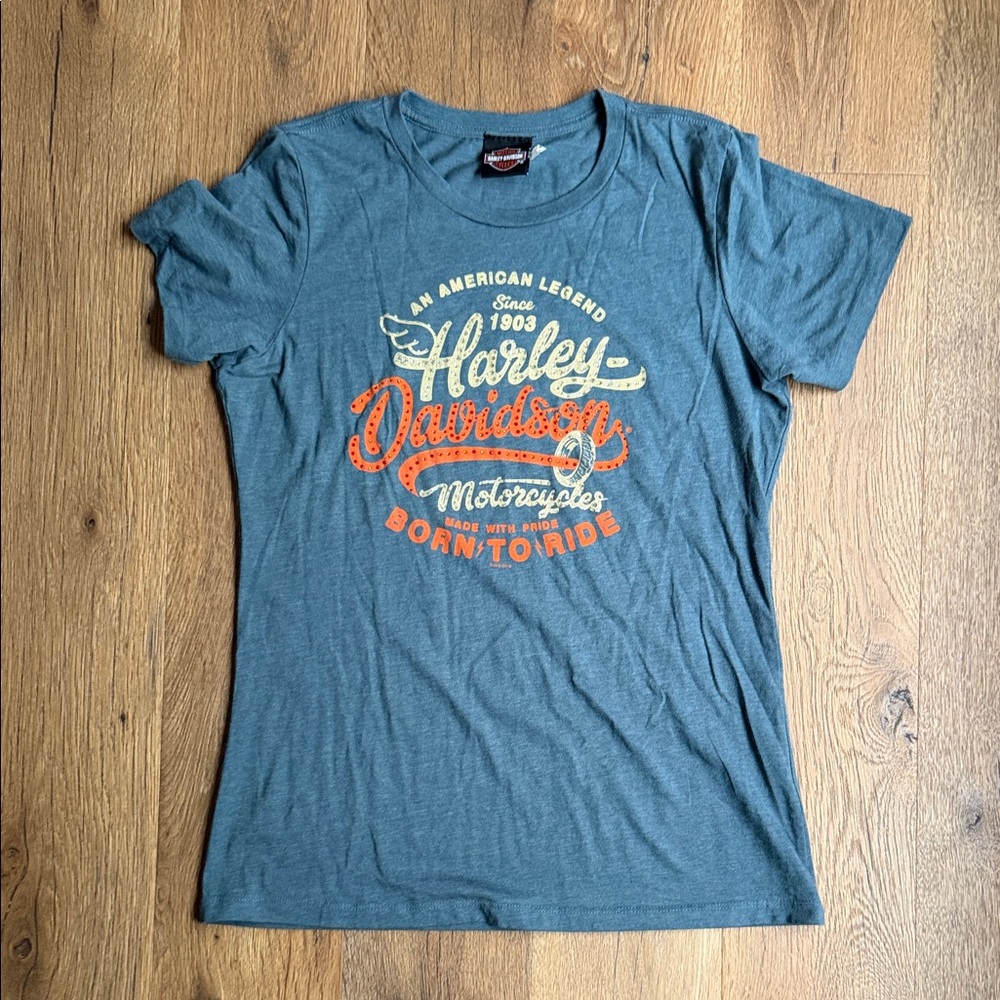 Harley-Davidson Teal Graphic Tee with Orange and Cream Logo